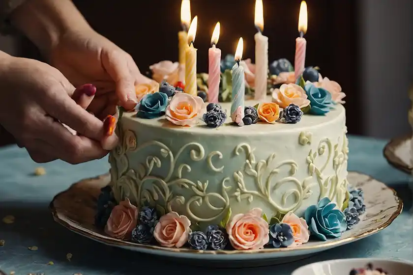 Mintfarbene Geburtstagstorte mit kleinen Kerzen und Frauenhände.