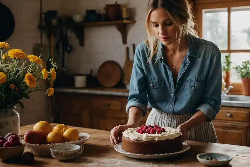 Hübsche Frau steht in einer Landhausküche und dekoriert eine Torte.