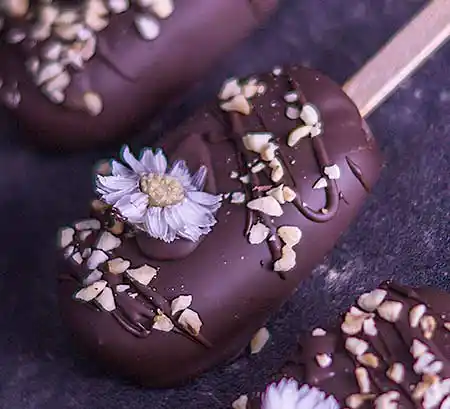 Cakesicles in dunkler Schoklade mit Mageriten-Blüten-Deko.