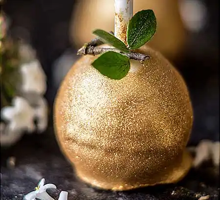 Goldener Cake-Pop mit kleinem Zweig als Deko.