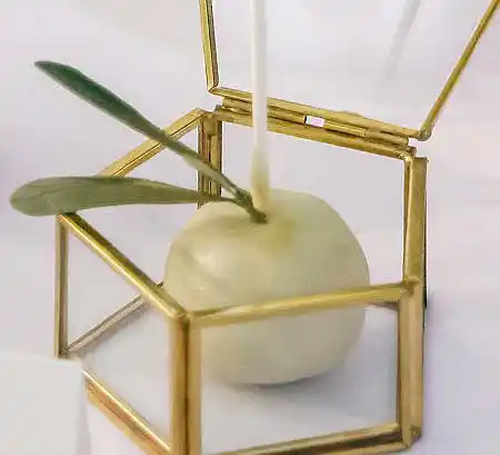 Weiß-grünlichfarbener Cake-Pop mit Goldpulver und grüner Blatt-Deko im Glaskästchen.