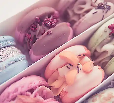 Präsentschjachtel mit verschieden-farbenen Macarons und Deko.