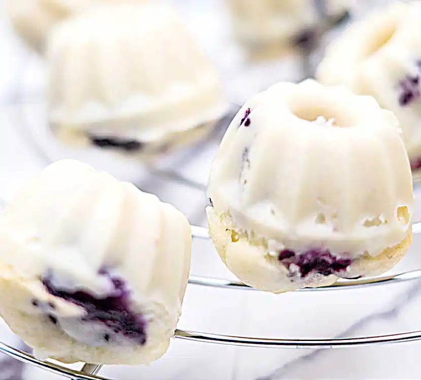 Gitter mit weißem Zitronen-Blaubeer-Mini-Guglhupf.