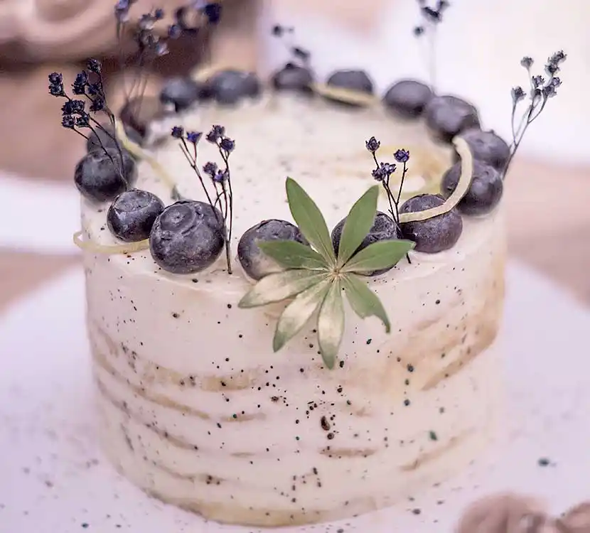 Weiße Semi Naked Torte mit Blaubeeren.