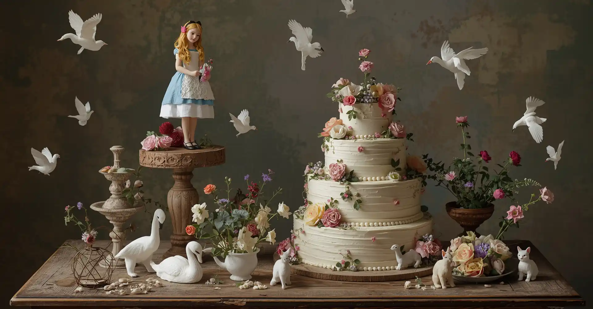 Stilleben mit Torte und fliegenden Zuckervögeln und Alice aus dem Wunderland.