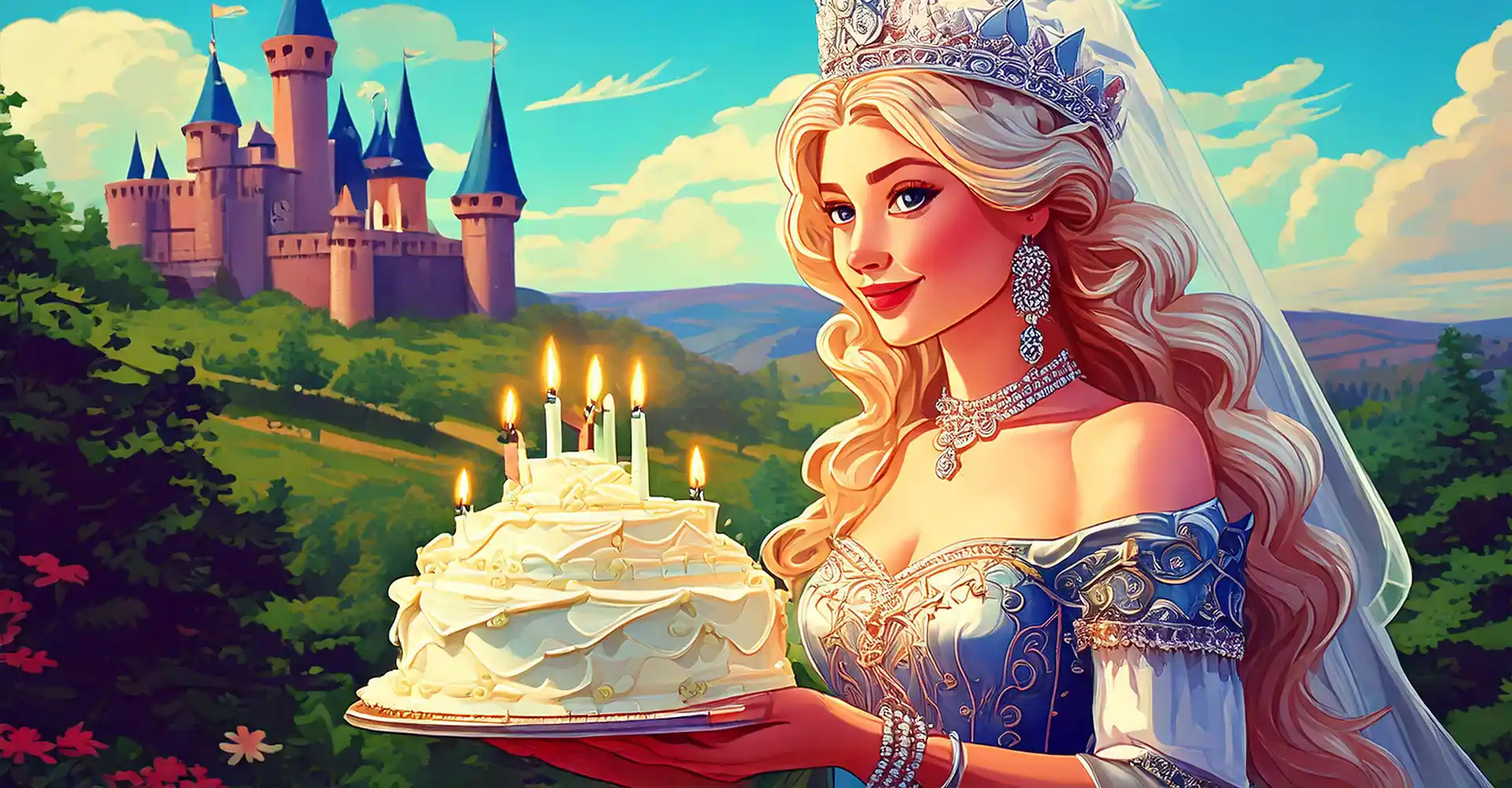 Zeichnung in Disneyart vor einem Schloß von einer Prinzessin die eine Hochzeitstorte hält.