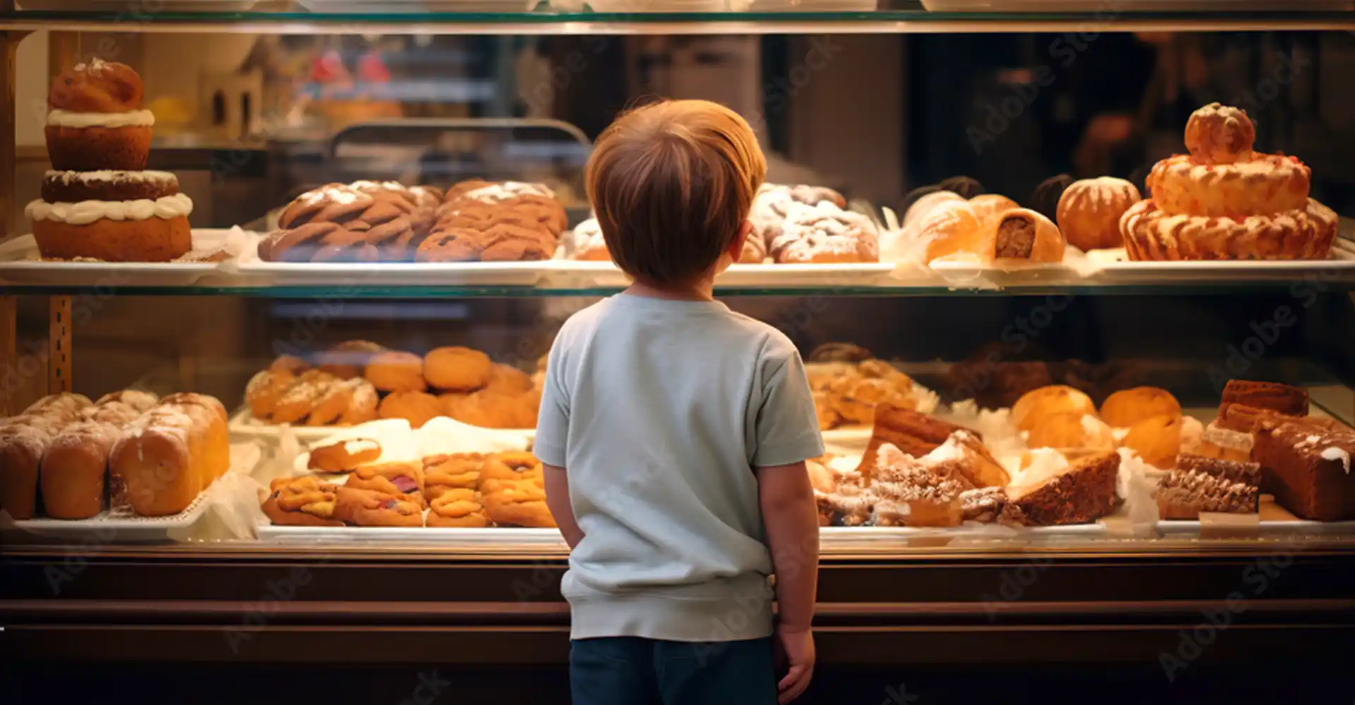 Kleiner Junge steht vor Schaufenster mit Kuchen und Torten