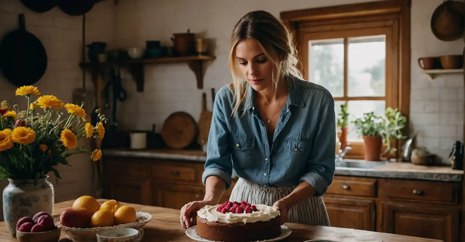 Hübsche Frau steht in einer Landhausküche und dekoriert eine Torte.
